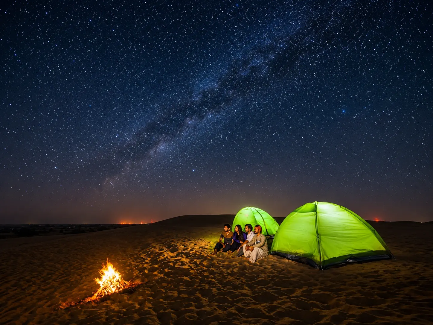 Travelers camping under a starlit sky in the Thar Desert